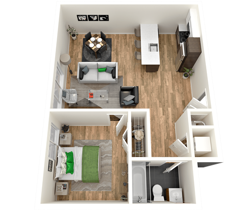 Floor plan for 1 bed, 1 bath, 773 sqft